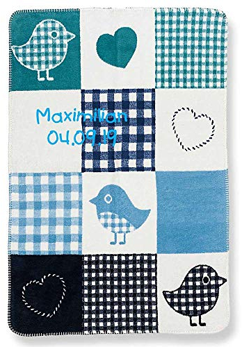 SL-Store GbR Babydecke mit Namen Datum Bestickt Decke 75x100 cm Birdy Vogel Vögel Herz Herzen blau Geschenk zur Taufe zur Geburt Kinderdecke Kuscheldecke