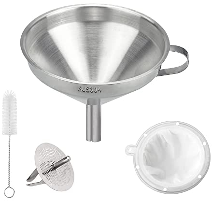 DURANTEY Embudo de Acero Inoxidable 13cm con Mango + 300 Filtros de Malla + Colador Desmontable + Cepillo de Limpieza Embudo de Cocina Kit de Embudo de Metal para Líquido Zumo Vino Aceite Mermelada