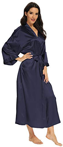 MizzGenio Langer Damen-Bademantel aus Seide, leicht, lang, Satin, volle Länge, Nachtwäsche, Morgenmantel, Pure Navy, XXL/3XL