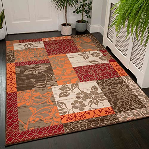 Traditional Red Orange Brown Floral Patchwork Rug Large Oriental Border Classic Living Room Lounge Hallway Area Rugs 160cm x 230cm