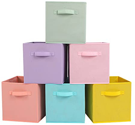 Stero Fabric Storage Bins 6 Pack Fun Colored Durable Storage Cubes with Handles Foldable Cube Baskets for Home, Kids Room, Closet and Toys Organization Cyan, Green, Yellow, Purple, Pink and Peachpuff
