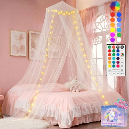 Weiß Betthimmel mit 50LED 24 Farben Stern Lichter für Schlafzimmer Decor | Prinzessin Himmelbett Vorhänge mit Farben LED-Licht, Baldachin mit Remote & Timer für Kinderzimmer, Zelt, Twin, Queen Bett