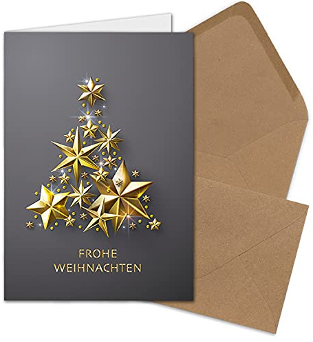 20x Weihnachtskarten-Set DIN A6 in Grau mit goldenem Weihnachtsbaum aus Sternen - Faltkarten mit Umschlägen DIN C6 Kraftpapier Sandbraun mit Nassklebung - Weihnachtsgrüße für Firmen und Privat