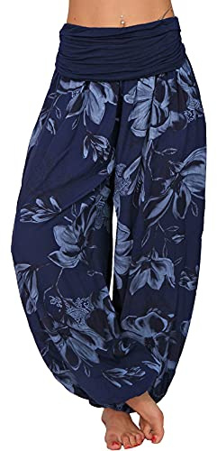 Italy Moda Aladinhose Damen Haremshose leichte Sommerhose Blume Rose XS-L (XS-L, Dunkelblau Blume)