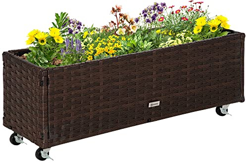 Outsunny Jardinière sur Pieds en résine tressée PE carré Potager surélevé bac à Fleurs extérieur Jardin Tissu Non-tissé Inserts d'irrigation Inclus métal dim. 94,5L x 31l x 36H cm Brun