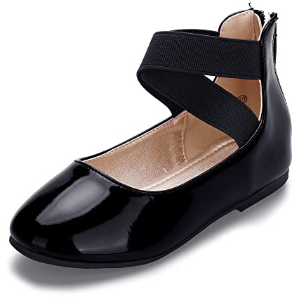 Hehainom Girls Dress Shoes Toddler Little Kids Gracy Ballet Mary Jane Ballerina Flats with Elastic Ankle Strap Black Patent