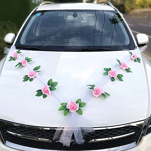 Hochzeit Car Auto Wedding Deko Girlande, Organza Autoschmuck Hochzeit Auto Schmuck Braut Paar Rose Deko, Hochzeits Autodeko Rosendekoration Set, Hochzeitsschmuck für Hochzeits Verlobt Party,Rosa