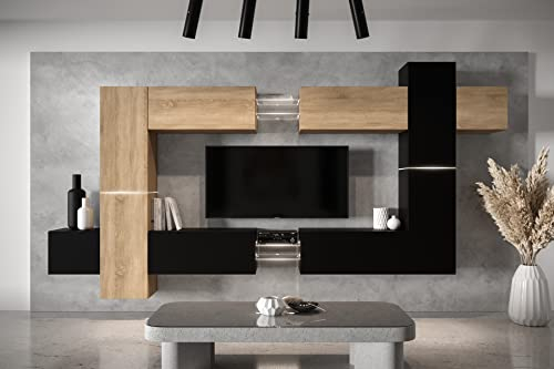 Furnitech Wohnwand Wohnzimmer - Wohnzimmer Möbel mit LED RGB - 16 Farben - Hängend Wohnwand Modern - Wohnzimmer Schrankwand mit Regale und TV Schrank (AN91NEW-21SB-M14 MATT)