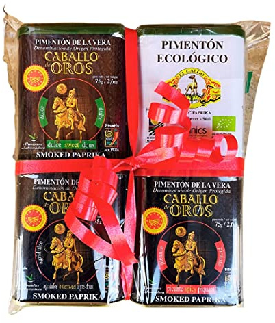 Pack 4 sabores pimentón de la Vera (dulce, agridulce y picante) y pimentón ecológico Dulce.