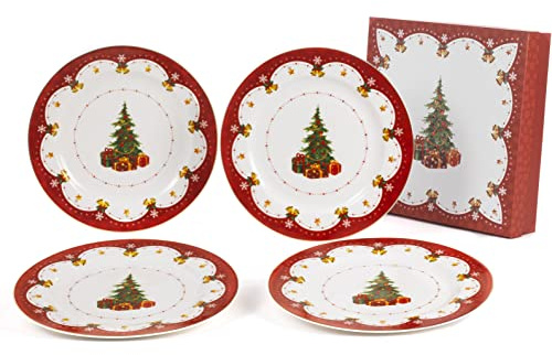 Lot de 4 Piatti Piani Natalizi de 27 cm de diamètre dans une boîte cadeau en porcelaine Nàvel