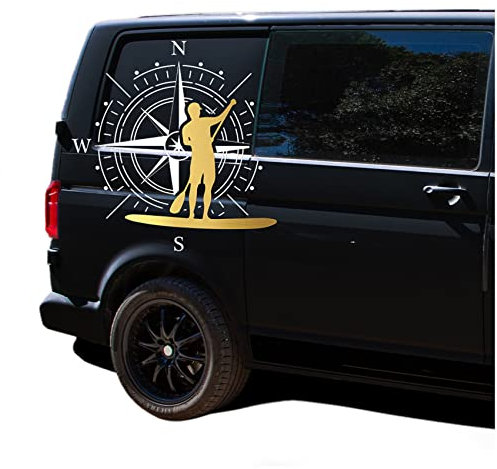 Autoaufkleber Kompass Sport Stand Up Paddle 60x60cm Windrose Sticker Folie für Auto Wohnwagen Anhänger Aufkleber Selbstklebend Kfz Zubehör KX072 KX073 (Kompass weiß, Stand Up Paddle Gold)