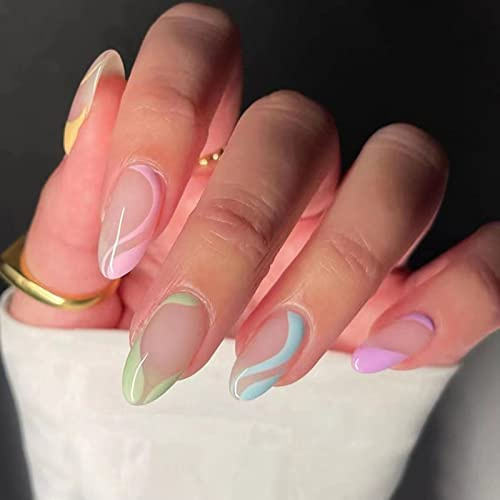 JUSTOTRY 24 uñas de almendra onduladas con arco iris para pegar, multicolor, prensa francesa en uñas, uñas postizas ovaladas espirales, uñas postizas medianas para mujeres