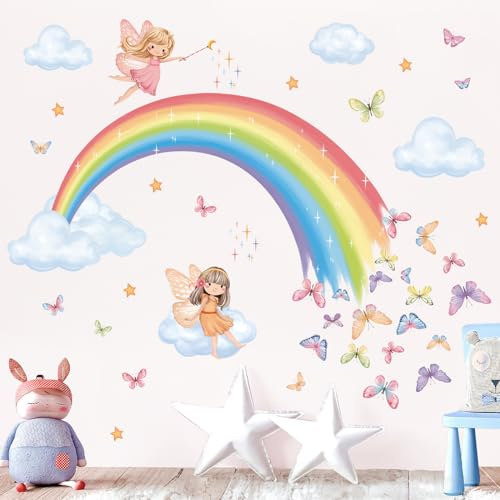 decalmile Wandsticker Regenbogen Fee Wolken Wandtattoo Sterne Mädchen | Abziehbare und Aufklebbare Wandaufkleber, DIY Abnehmbare Wandkunst Abziehbilder, Wandfreundlich, Leuchtenden Farben