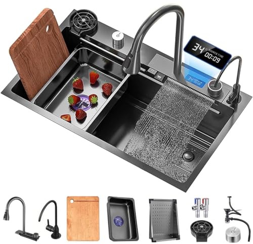304 Rostfritt Stål Vattenfall Diskho Med Digital Kran Multifunktionell Bar Diskho Med Avloppskorg Avloppshållare Skärbräda Koppbricka Och Dräneringskomponenter (Color : Black, S : 75x45x22cm)