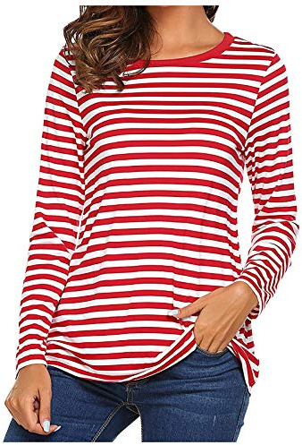 Camiseta básica de manga larga a rayas para mujer, camiseta de manga larga a rayas, color rojo, azul y blanco, blusa de muselina a rayas, manga larga, ligera, básica, con cuello redondo, ropa de manga