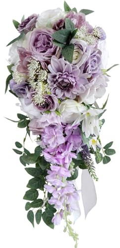 Fouriding Ramo de boda morado para novia, ramo de novia con gotas de agua, flores artificiales, lilas, para ceremonia, aniversario, fiesta, despedida de soltera, decoración de boda