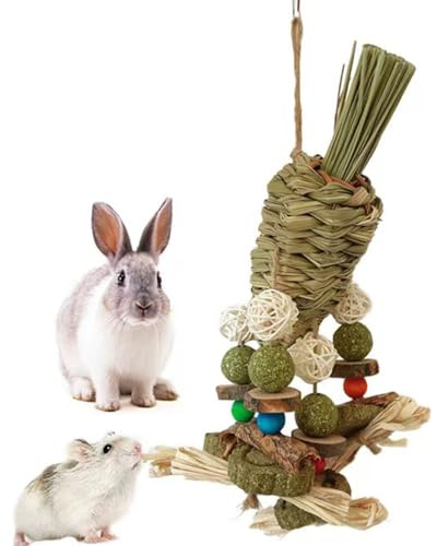 Kauspielzeug für kleine Haustiere , Kaninchenkäfig Hängespielzeug mit Grasball Karottenspielzeug für Kaninchen, Chinchilla, Meerschweinchen, Hamster, Zähneknirschen