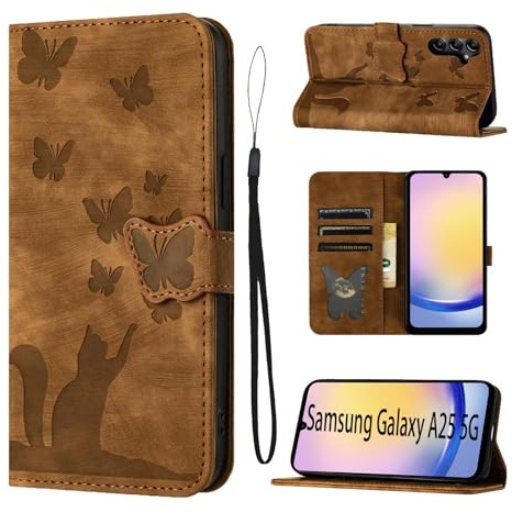 LSPCASA Fällbart fodral för Samsung Galaxy A25 5G på 6,5 tum, stativfunktion, med kortfack, katt- och fjärilsmönster, läderfodral, brunt