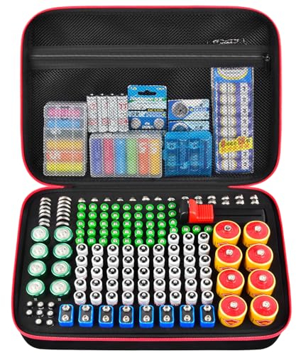 Scatola di immagazzinaggio per batteria, valigetta con tester per batterie BT-168, organizer per batterie contiene 161 + batterie AA AAA C D Cell 9 V 3 V litio LR44 CR2 CR1632 CR2032 – nero