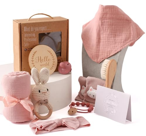 WOODEN TEETHER 10-Teilig Baby Geschenk Mädchen Set, Geschenk Mädchen Junge für Neugeborene, Badetücher, Schnullerkette, Rassel, Meilensteinkarten, Lätzchen, Socke, Bürste, Babyparty(Rosa)