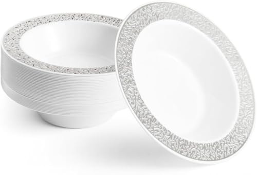 MATANA 100 Premium White Plastic Bowls with Silver Lace Rim, 360ml - Elegant, Sturdy & Reusable - Soup Dessert Bowls for Weddings, Birthdays, BBQ, Parties