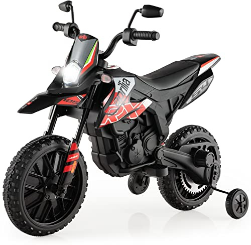 COSTWAY Aprilia Elektrisk motorcykel barn, 12 V barnmotorcykel med stödhjul och musik och strålkastare, 5,5–6 km/h, lämplig för barn från 3 till 8 år (röd)