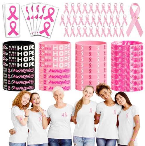 Kit de Décoration Octobre Rose Cancer du Sein 32pcs Épingles Broche en Ruban et 32pcs Bracelets en Silicone Rose et 16 Feuilles Tatouages Temporaires Autocollants Espoir de Prévention et Contrôle