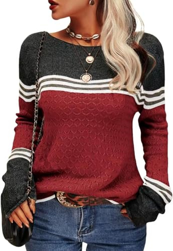 Yutdeng Maglione da Donna Invernale Pullover Elegante Maglia Oversize Girocollo Maglione a Righe Donna Maglione a Maglia Colorblock Manica Lunga Moda Casual Caldo Top Morbido Felpe,Rosso Vino,S