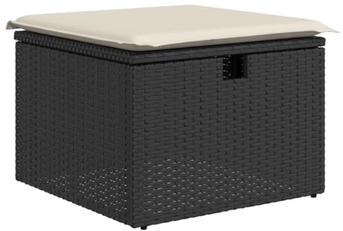 Makastle Gartenhocker, Poly Rattan Fußhocker mit Kissen, Fußauflage, Balkon Sitzhocker, Rattanhocker für Garten Terrasse, Schwarz 55x55x37 cm