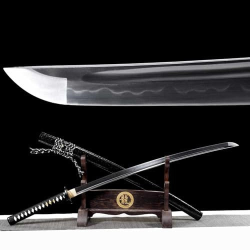 103cm handgefertigtes Katana-Schwerts,hochwertige Klinge aus Kohlenstoffstahl mit Wellenmuster,Naturholz-Schwertscheide mit Lack,echtes Samurai Swords für Maskerade,Cosplay,Geschenke,Weihnachten