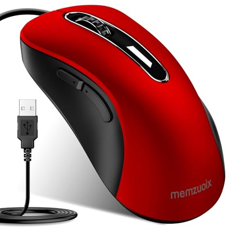 memzuoix Wired USB Mouse – 1400 DPI Optical,5-Button Ergonomic Wired Computer Mouse with 5FT Cable – For Laptop, PC, Mac – Pomegranate Red