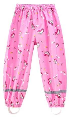 Dioshark Pantalones de Lluvia para Niñas Pantalón Agua Impermeables con Reflectantes Finos Pantalones de Barro Ligeros Rosa Unicornio Senderismo Viaje Primavera Sobrepantalón Nieve para Niños 3-4 Años