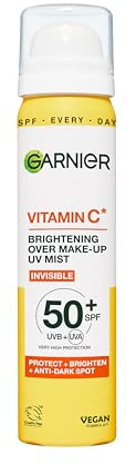 Garnier Vitamin C Brightening Over Make-Up UV Mist, Invisible Protection with SPF50+ and Vitamin C. Protects, Brightens and Fights Appearance of Dark Spots, Cruelty free, Vegan - 75ML