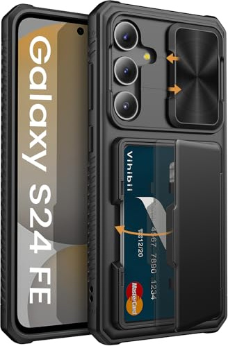 Vihibii for Samsung Galaxy S24 FE Case with Card Holder (4 Cards) [RFID Blocking] & Sliding Camera Cover &, Shockproof Rugged Hard Back & Silicone Edge Wallet Case for Galaxy S24 FE 6.7 2024, Black