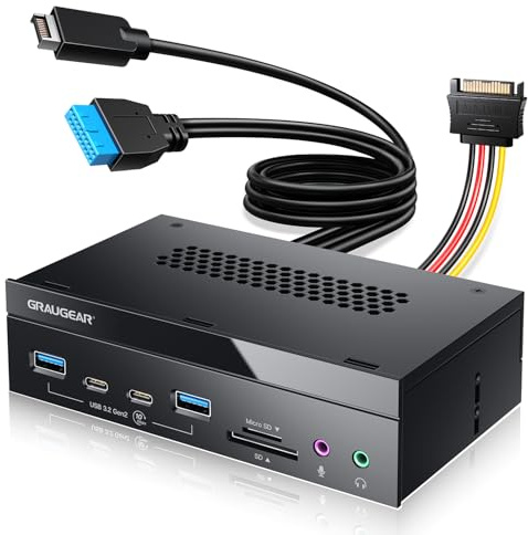 GRAUGEAR 8-gränssnitt [10 Gbit/s] frontpanel i 5,25 tum med 2 x USB-C och 2 x USB-A USB 3.2 Gen2 10 Gbps, SD och microSD-kortläsare, ljud I/O, mikrofon, hörlursportar