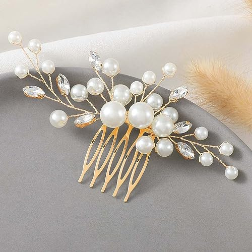 Nvzi Braut-Haarnadeln mit Blume, Kristall-Perlen, Haarkämme, Haarkamm-Clips, Kopfschmuck, goldfarben, Hochzeits-Haarschmuck, Schmuck mit Strass für Bräute, Brautjungfern, Damen, Mädchen (Gold) A13