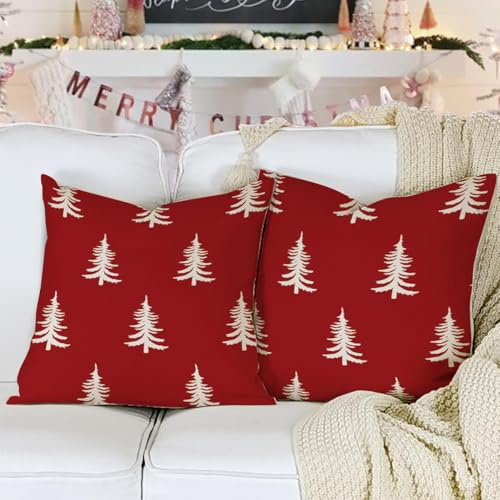 Kissenbezug 45x45 cm Weihnachten 2er Set Dekokissen Leinen Kissenhüllen Winter Weihnachtsbaum Sofa Schlafzimmer (Rot)