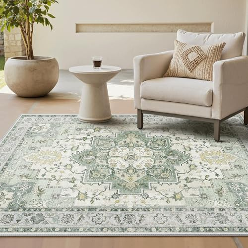 GENIMO Waschbarer Vintage Teppich Graugrün fürs Wohnzimmer, 140x200 cm | Weicher Kurzflor, Rutschfeste Rückseite, Pflegeleicht für Schlafzimmer und Esszimmer