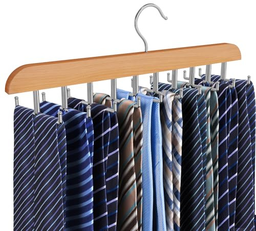 Cycleacc Tie Rack Hanger for Closet, 2 in 1 Belt Tie Hangers with 20 Folding Hooks, 360 Degree Rotating Wooden Tie Holder Organizer for Men Ties Belts Scarves Tank Tops Accessories, Wood (1 Pack)