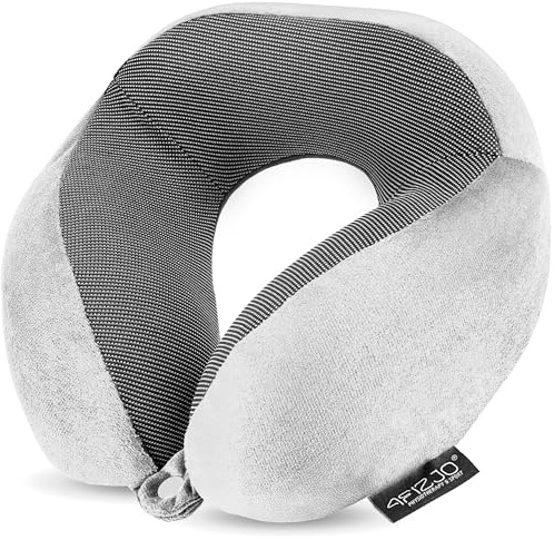 4FIZJO Nackenkissen mit extra seitlicher Stütze, Reisekissen für Flugzeug, Auto, Bus aus Memoryfoam, Strandkissen mit weichem Velours und Baumwolle bezogen, Nackenhörnchen mit Klickverschluss, Grau