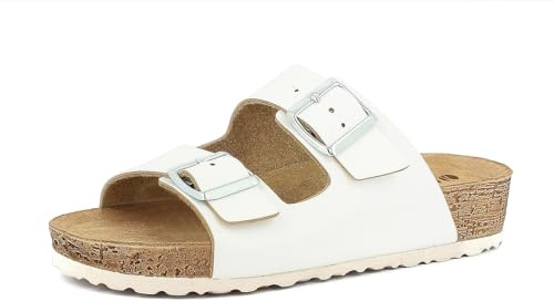 inblu Femme Ciabatte Donna Doppia Fascia E Fibbia Regolabile, Plantare in Vera Pelle Multiprise, Blanc, 38 EU