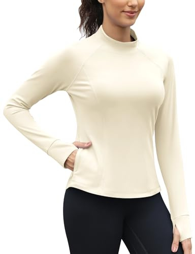 IECCP Women's Workout Tops Long Sleeve Undershirt Thermal Fleece Warm Hiking Ski Base Layer Shirts with Thumb Holes and Pockets M Apricot