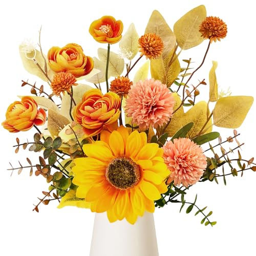 ROLLWAY Künstliche Herbstblumen Sonnenblumen Deko Herbststrauß Blumenstrauß | Kunstblumen Herbst Dekoration, Künstlich Blumen wie Echt, Herbstdeko Seidenblumen für Tischdeko Wohnzimmer DIY Erntedankfest