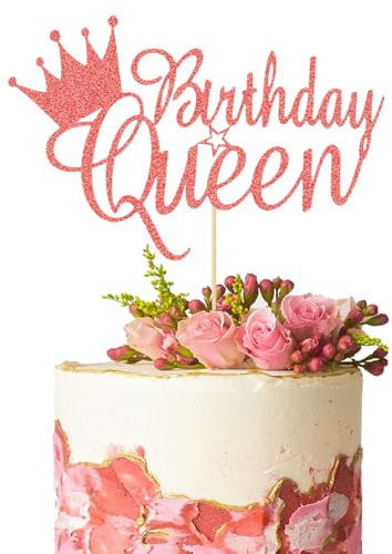 HSC Rose Gold Cake Decorations, Cake Toppers for Women Girls, Birthday Queen Rose Gold Glitter Paper, Pre-Assembled for Instant Use, Birthday Party Decorations