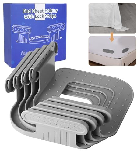 Bed Sheet Holder with Lock Strips - 4PCS Non-Slip Heavy Duty Sheet Locks for All Mattress Sizes and Bed Sheet Type,New Upgrade Bed Sheet Clips to Keep Sheets Firm and Tight,Easy Installation (Gray)