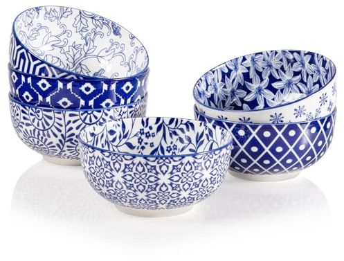 Sweejar Home Ceramic Cereal Bowls Set, 29 Oz Soup Bowls Microwave & Dishwasher Safe, 6.1 Inch Deep Porcelain Serving Bowls for Kitchen, Fruit, Ramen, Salad, Pasta, Set of 6(Vintage Blue)