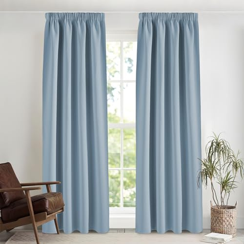 PONY DANCE Verdunklungsgardine mit Kräuselband Vorhänge Hitzeschutz | 2er Set, H245 x B140cm, Spa-blau, Thermo Gardinen Abdunkelnd, für Schienensystem, Sichtschutz, für Schlafzimmer Wohnzimmer