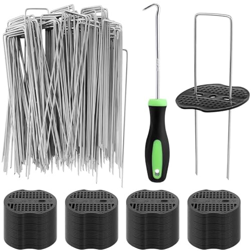 Grapas Césped Artificial,Lot de Grapas en Forma de U de Acero Galvanizado， Malla Antihierbas para Jardín, 50 Uds. + 50 Arandelas,Valla y Red Clavos Camping