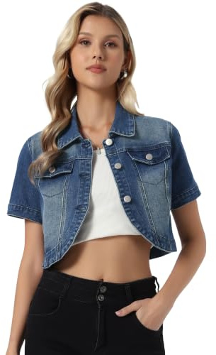 Allegra K Mujer Cazadoras Vaquera Casual Cuello Vuelto Manga Corta | Torera Corto Denim con Botones