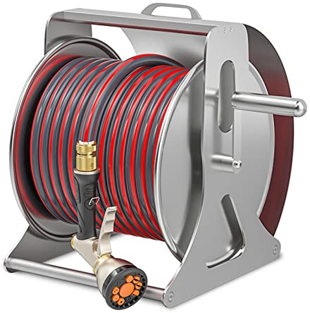 Metal Hose Reel, Wall/Floor Mounted with Crank Handle for Watering Plants, Cleaning Floors, Car Wash, and Window Cleaning, Includes 60m Hose